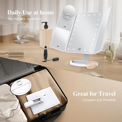 Lighted Magnifying Trifold Mirror 💡 Portable Vanity Mirror with Adjustable Brightness for Makeup & Skincare