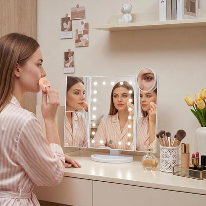 Lighted Magnifying Trifold Mirror 💡 Portable Vanity Mirror with Adjustable Brightness for Makeup & Skincare
