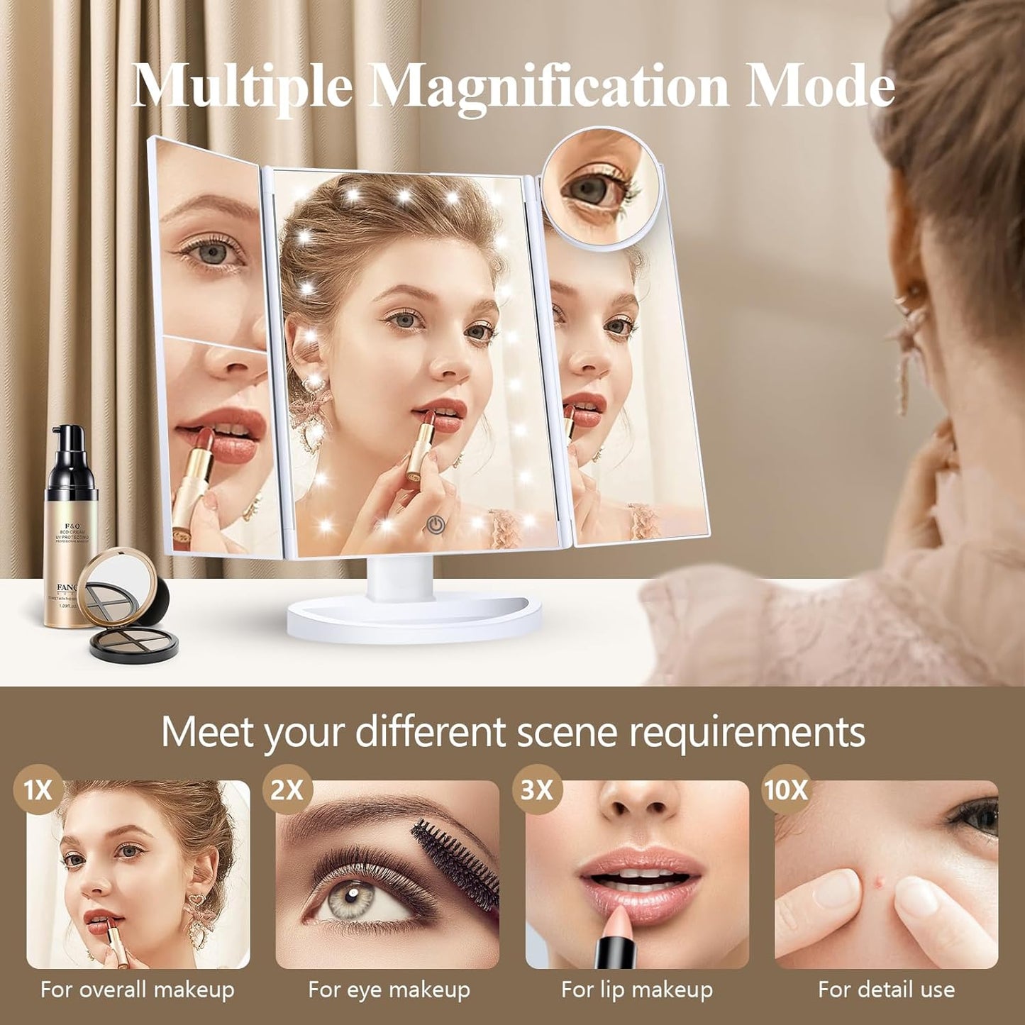 Lighted Magnifying Trifold Mirror 💡 Portable Vanity Mirror with Adjustable Brightness for Makeup & Skincare