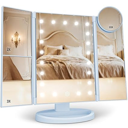 Lighted Magnifying Trifold Mirror 💡 Portable Vanity Mirror with Adjustable Brightness for Makeup & Skincare