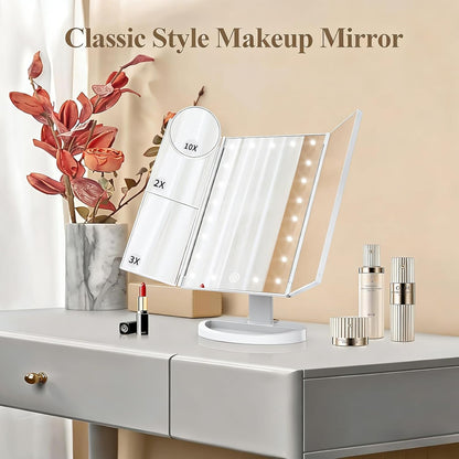 Lighted Magnifying Trifold Mirror 💡 Portable Vanity Mirror with Adjustable Brightness for Makeup & Skincare