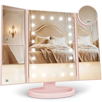 Lighted Magnifying Trifold Mirror 💡 Portable Vanity Mirror with Adjustable Brightness for Makeup & Skincare