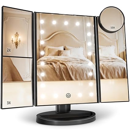 Lighted Magnifying Trifold Mirror 💡 Portable Vanity Mirror with Adjustable Brightness for Makeup & Skincare