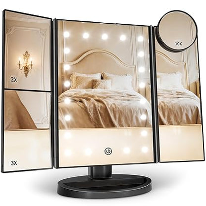 Lighted Magnifying Trifold Mirror 💡 Portable Vanity Mirror with Adjustable Brightness for Makeup & Skincare