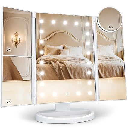 Lighted Magnifying Trifold Mirror 💡 Portable Vanity Mirror with Adjustable Brightness for Makeup & Skincare