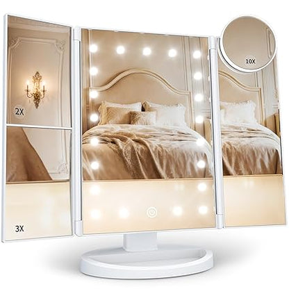 Lighted Magnifying Trifold Mirror 💡 Portable Vanity Mirror with Adjustable Brightness for Makeup & Skincare