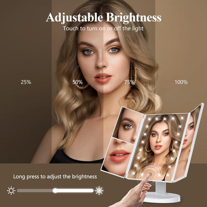 Lighted Magnifying Trifold Mirror 💡 Portable Vanity Mirror with Adjustable Brightness for Makeup & Skincare